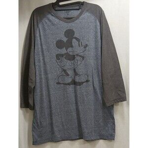 Mickey Mouse Henley Graphic Print T-Shirt Gray & Blue 3/4 Sleeve Men's XL EUC